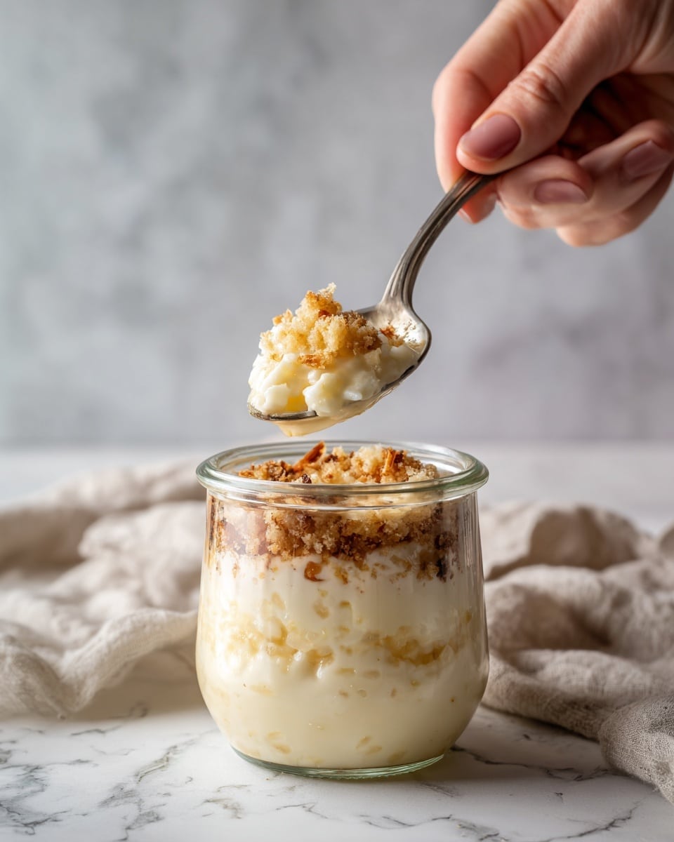 The image shows a clear glass jar filled with creamy rice pudding that has a thick, textured look from the rice grains. The top layer is sprinkled generously with a light brown crumbly topping, giving a crunchy contrast to the smooth pudding below. A woman's hand holds a golden spoon above the jar, lifting a scoop of the pudding with the crumbly topping clearly visible on the spoon. The background is softly blurred with a neutral beige cloth and a white marbled surface underneath. photo taken with an iphone --ar 4:5 --v 7