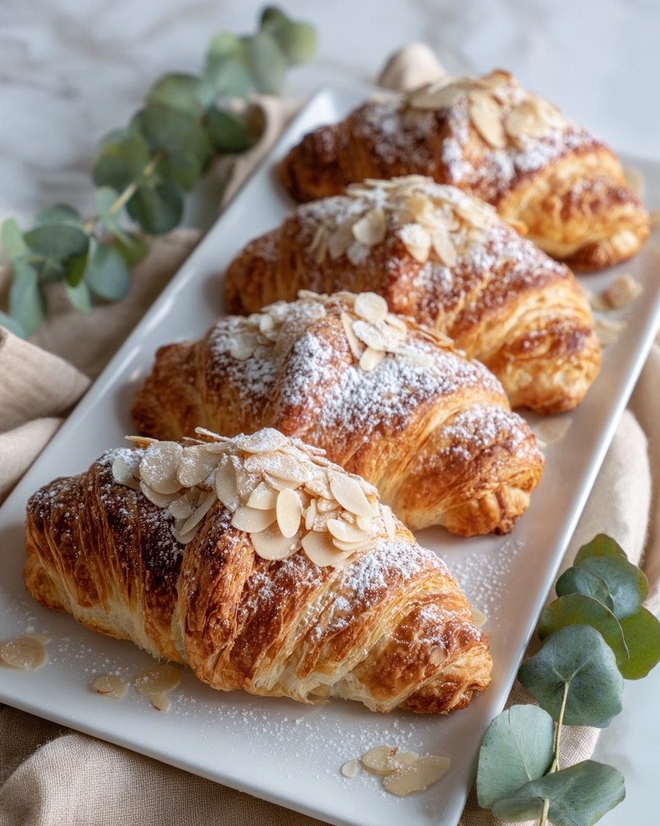 Five almond croissants are arranged neatly on a white rectangular plate. Each croissant is golden brown with visible flaky layers and topped with a light dusting of powdered sugar and scattered sliced almonds. The croissants show a slightly shiny texture from the glaze. The plate is placed on a soft textured beige cloth with sprigs of green eucalyptus leaves beside it. The background surface is a white marbled texture. photo taken with an iphone --ar 4:5 --v 7