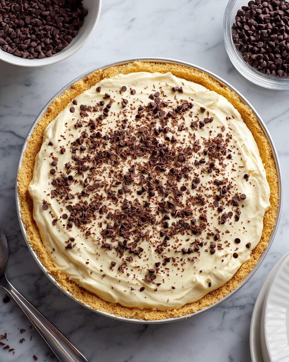 A round pie with three layers is shown from above on a white marbled surface. The bottom layer is a golden crust that lines the silver pie pan’s edge. The middle layer is pale and creamy, thick and smooth, filling the pan evenly. The top layer is a fluffy white cream spread loosely over the middle layer, dotted with small, dark chocolate chips and finely grated dark chocolate scattered all over it. Next to the pie is a metal pie server and a small clear glass bowl filled with more dark chocolate chips. photo taken with an iphone --ar 4:5 --v 7