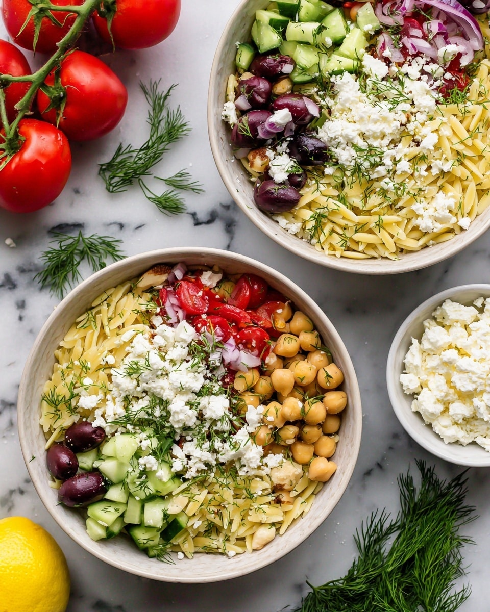 The image shows two gray bowls filled with a colorful orzo salad placed on a white marbled surface. Each bowl contains a mix with three visible layers: the base layer is light yellow orzo pasta, the middle layer has bright green cucumber chunks and yellow corn kernels, and the top layer consists of deep purple olives, light brown chickpeas, white crumbled cheese, thin almond slices, halved red cherry tomatoes, and fresh green dill. On the side, there is a small white bowl with white cheese, a bunch of green dill, a cluster of red cherry tomatoes, and a yellow lemon all arranged neatly. The overall look is fresh and vibrant. Photo taken with an iphone --ar 4:5 --v 7