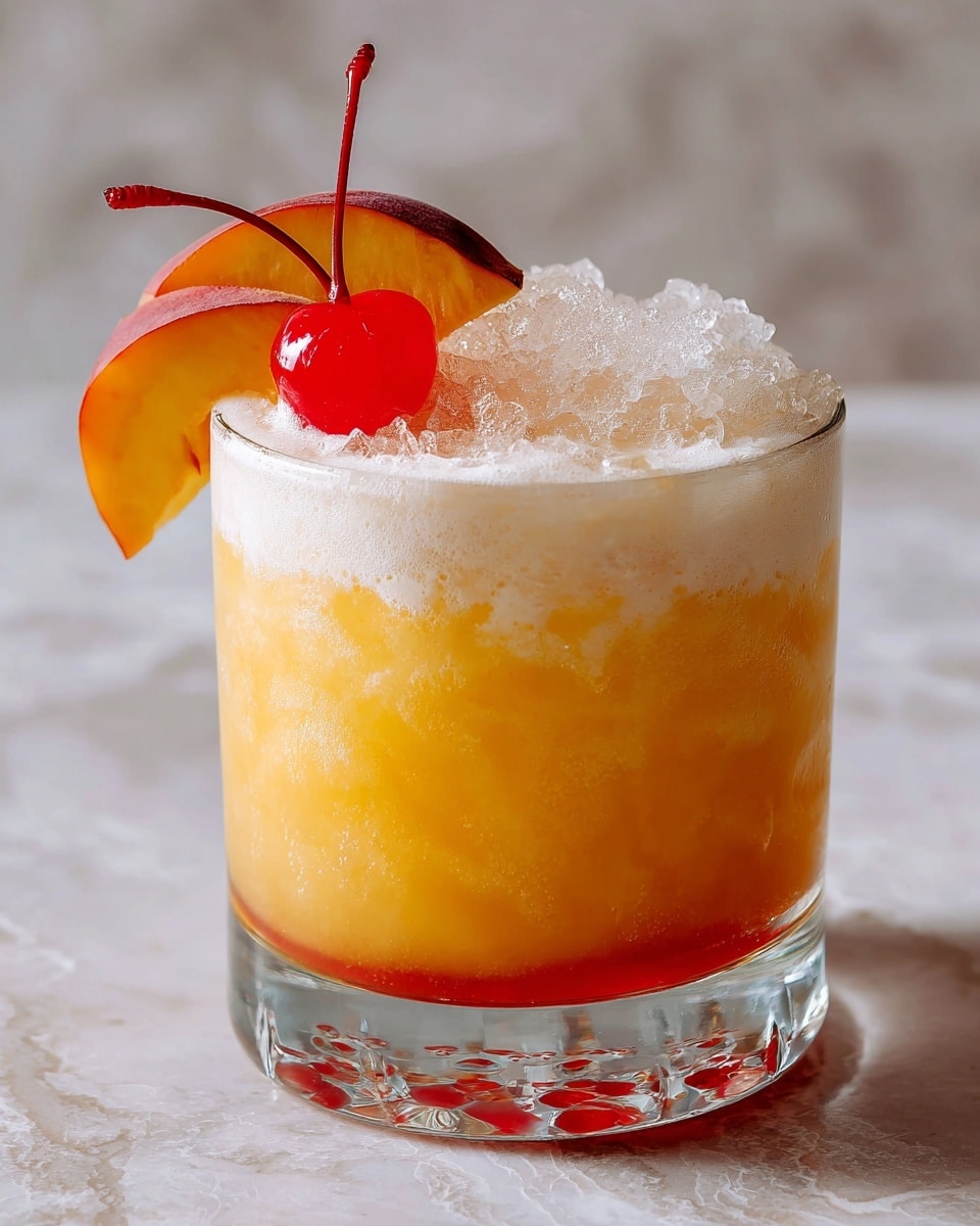A clear glass filled with a layered drink, starting at the bottom with bright orange syrup, followed by a mix of creamy light beige and white colors swirling together in the middle. The top layer is white crushed ice, decorated with a red cherry and two orange peach slices resting against the glass rim. The glass sits on a white marbled surface, with blurred peach halves in the background. Photo taken with an iphone --ar 4:5 --v 7