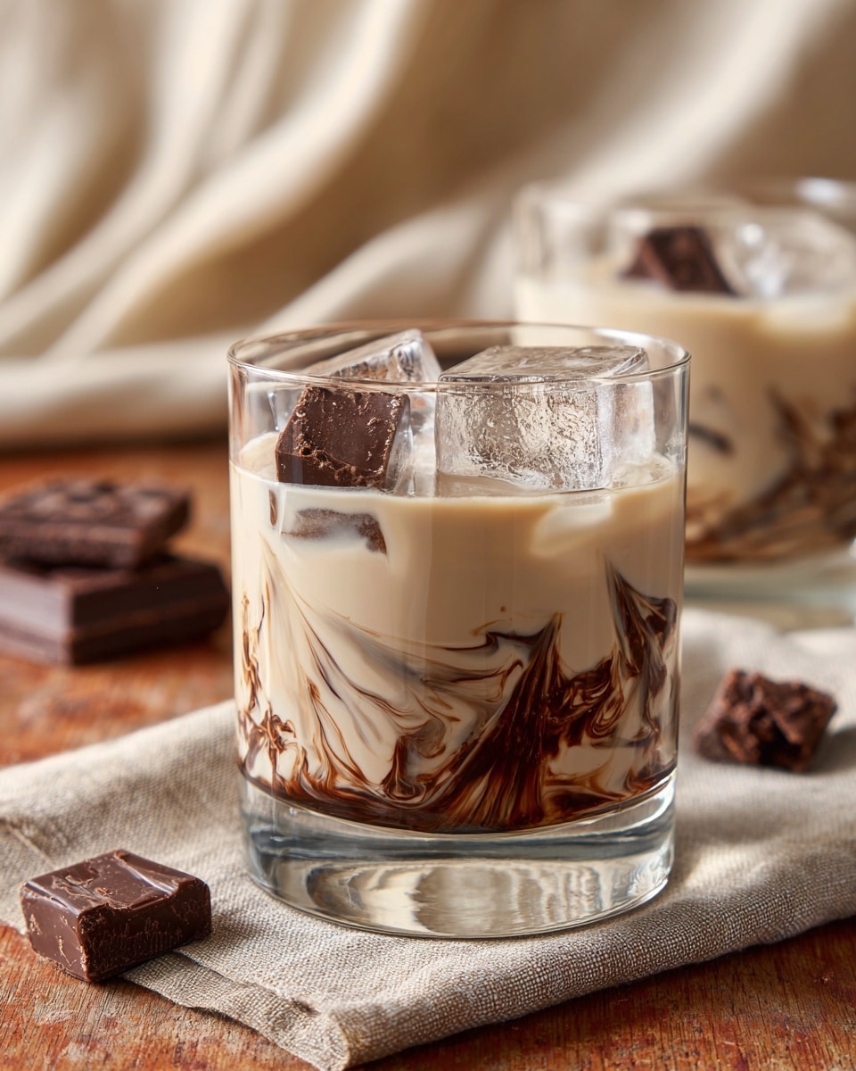 A clear short glass filled with a creamy light brown liquid sits on a beige cloth on top of a wooden board. Inside the glass, swirls of dark chocolate create a marbled effect around the lower half, with chunks of chocolate floating near the surface along with a few large ice cubes. In the blurred background, there is another glass with similar contents on a white plate, some pieces of chocolate, and a bowl of cocoa powder, all set on a wooden table with a beige cloth loosely spread to the right. The whole scene is lit warmly, highlighting the textures and colors against a white marbled surface. Photo taken with an iphone --ar 4:5 --v 7