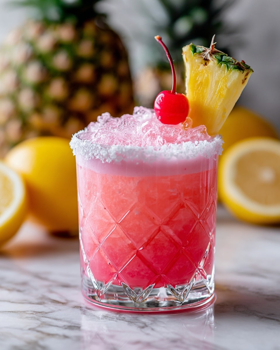 The image shows a short clear glass with a diamond pattern filled with a bright pink drink and ice cubes. The drink has a frothy white layer on top with a salted rim around the glass. On top of the drink, there is a red cherry stuck into a wedge of fresh yellow pineapple with green tips. The glass sits on a white marbled surface with blurred pineapples and lemons in the background. Photo taken with an iphone --ar 4:5 --v 7
