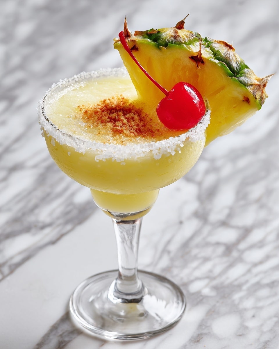 A clear glass coupe filled with a light yellow, smooth liquid. The drink is garnished with a thick triangular slice of fresh pineapple positioned on the rim of the glass, a bright red cherry with a long stem resting beside it, and a small pile of shredded coconut placed on the surface of the drink near the garnishes. The rim of the glass is coated with a thin layer of salt or sugar, and the glass stands on a white marbled surface with faint brown and gold veins. photo taken with an iphone --ar 4:5 --v 7