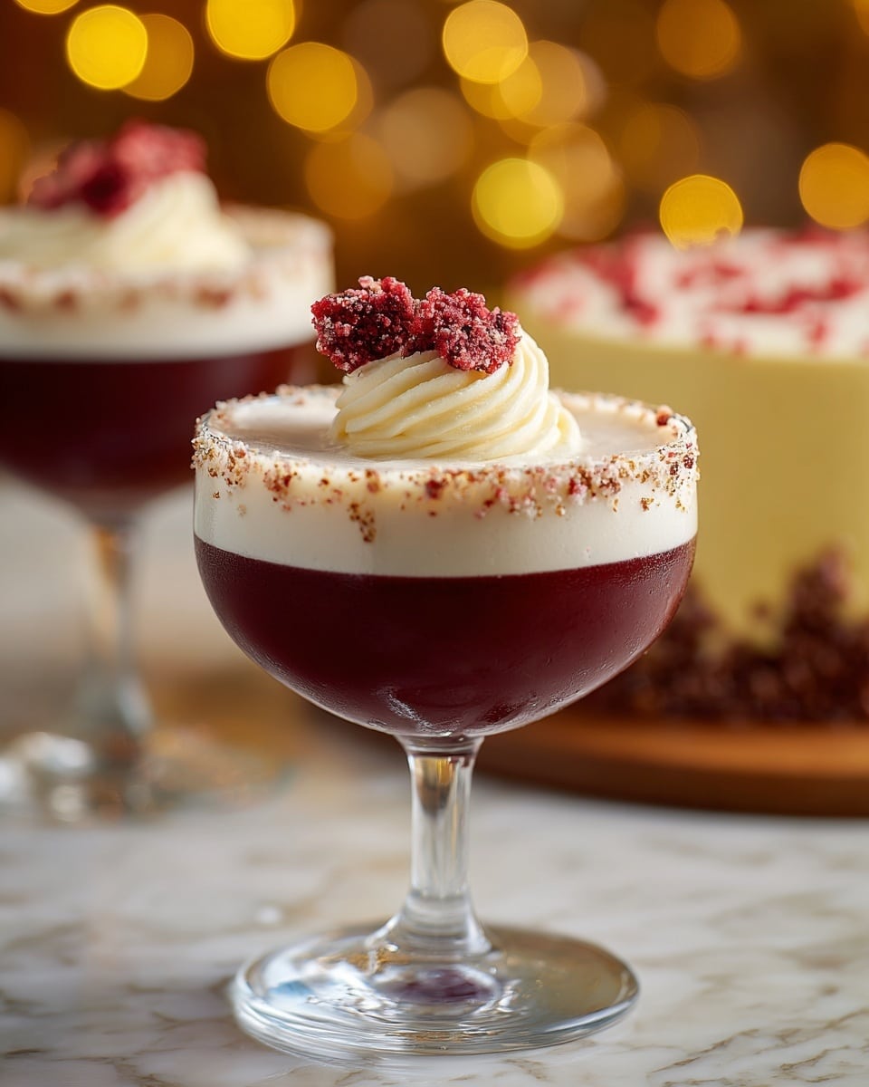 The image shows two martini glasses filled with a red layered dessert. The bottom layer is a smooth, deep red jelly or mousse, topped with a thick, white creamy layer. The rim of the glass is coated with a fine, light brown crumb. On top, there is a swirl of white cream, sprinkled with red crumbs, and each glass is garnished with a small triangular piece of red cake gently placed at the side. The glasses stand on a white marbled surface with soft warm lights blurred in the background, and a white plate with a round cake and red decorations sits behind them on the right. Photo taken with an iphone --ar 4:5 --v 7