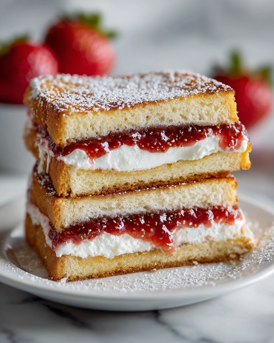 The image shows two stacked sandwich halves on a white plate with powdered sugar dusted over the top. Each sandwich has three layers: the top and bottom are golden-brown toasted bread with a slightly crispy texture, the middle layer has a creamy white spread, and just above it, a bright red strawberry jam layer with a glossy appearance. The sandwiches are cut to show the filling clearly, and there are blurred strawberries in the background. The plate is placed on a white marbled surface. Photo taken with an iphone --ar 4:5 --v 7