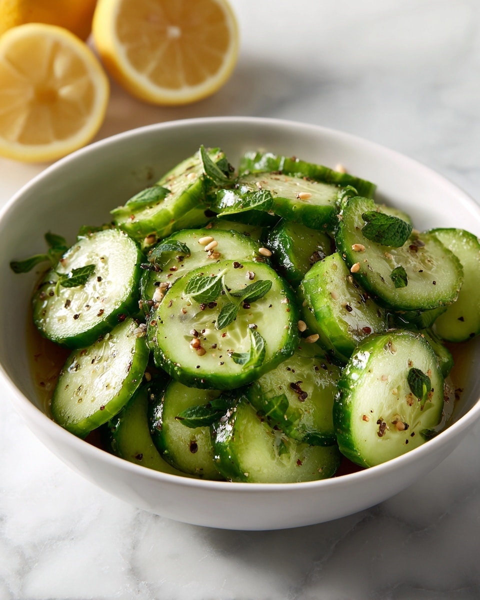 A close-up view of a bowl filled with sliced cucumbers arranged in a loose pile, each cucumber slice displaying bright green skin and a pale, translucent green center with seeds. The cucumber slices are coated in a glossy layer of oil, sprinkled with seasoning including black pepper, light brown mustard seeds, and small green parsley leaves scattered on top. The bowl is light speckled gray with a thin brown rim, sitting on a dark surface blurred in the background with half a lemon and green lime slices visible. photo taken with an iphone --ar 4:5 --v 7