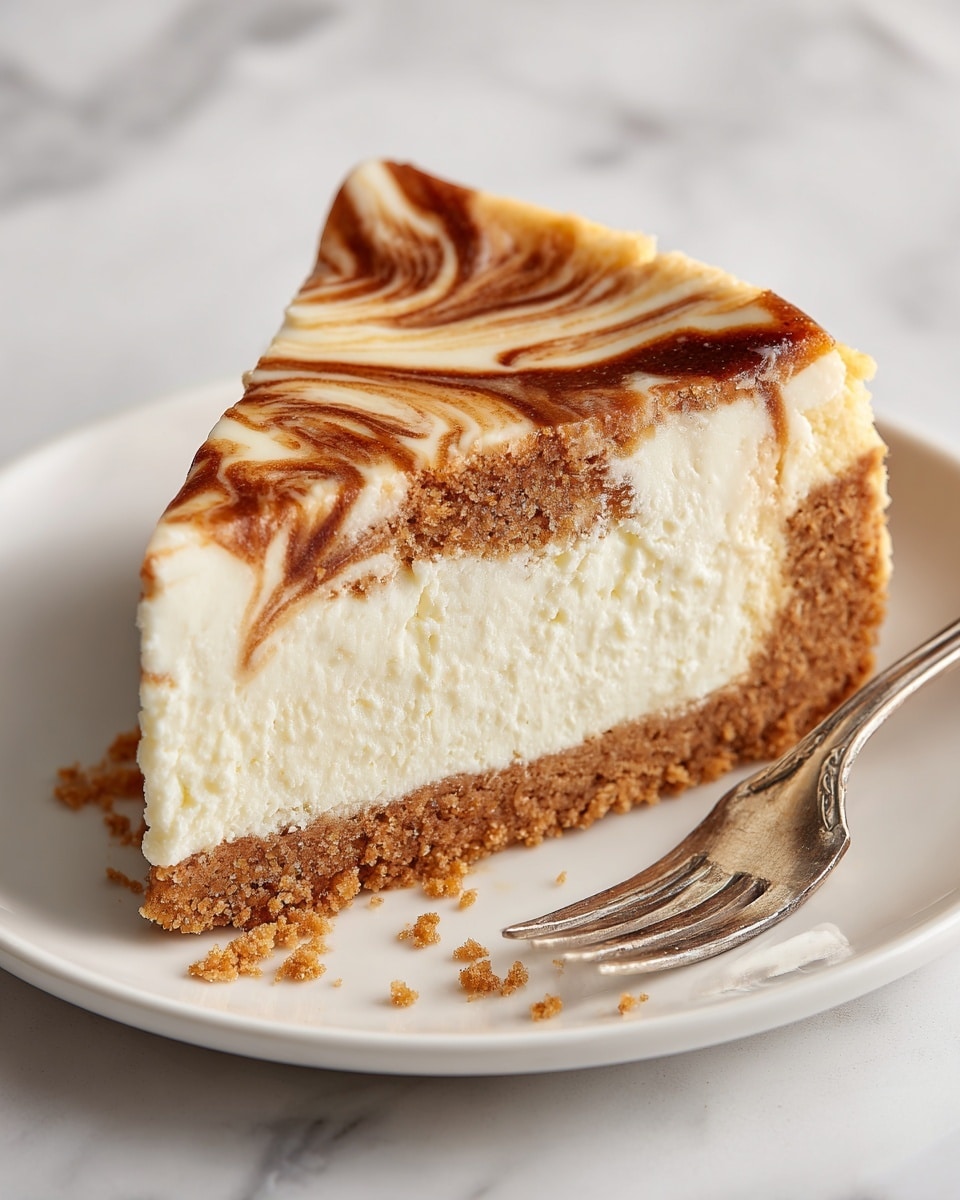 A single slice of cheesecake sits on a white plate, showing three main layers: a bottom light brown crumbly crust, a thick middle creamy white cheese layer, and a top white cream layer swirled with deep brown caramel-like patterns. The edges of the crust are rough, with some crumbs scattered near the base. An old-fashioned metal fork lies next to the slice on the plate, and the whole scene is set on a white marbled surface. Photo taken with an iphone --ar 4:5 --v 7