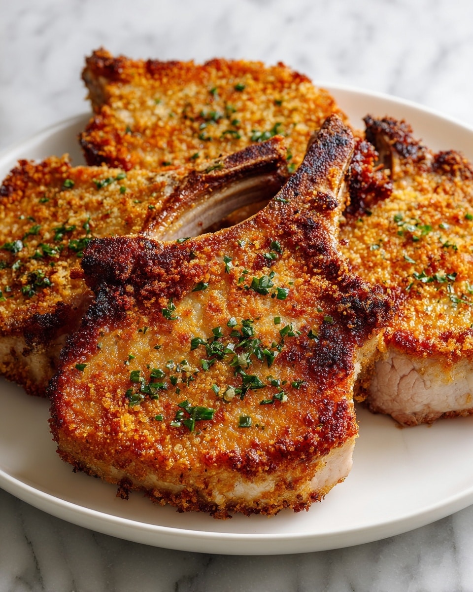 The image shows two pork chops with a golden-brown crispy crust, seasoned with green herbs sprinkled evenly on top. Each chop has one thick white meat layer beneath the crunchy, golden breadcrumb coating, resting on a white plate. The edges of the chops are slightly darker from frying, giving a textured look. The background is a white marbled texture. photo taken with an iphone --ar 4:5 --v 7