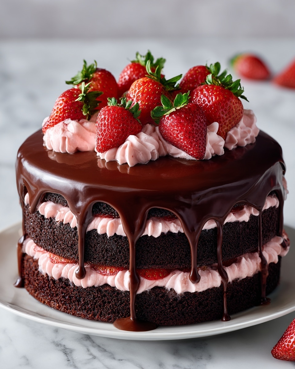 A two-layer chocolate cake with a thick middle layer of pink cream filling. The top layer is covered with shiny dark chocolate glaze that slowly drips down the sides. On top of the glaze, there is a ring of whole fresh red strawberries with green leaves placed evenly around the edge. The cake sits on a white plate set on a white marbled surface, and a woman’s hand is gently touching one side of the cake. Photo taken with an iphone --ar 4:5 --v 7