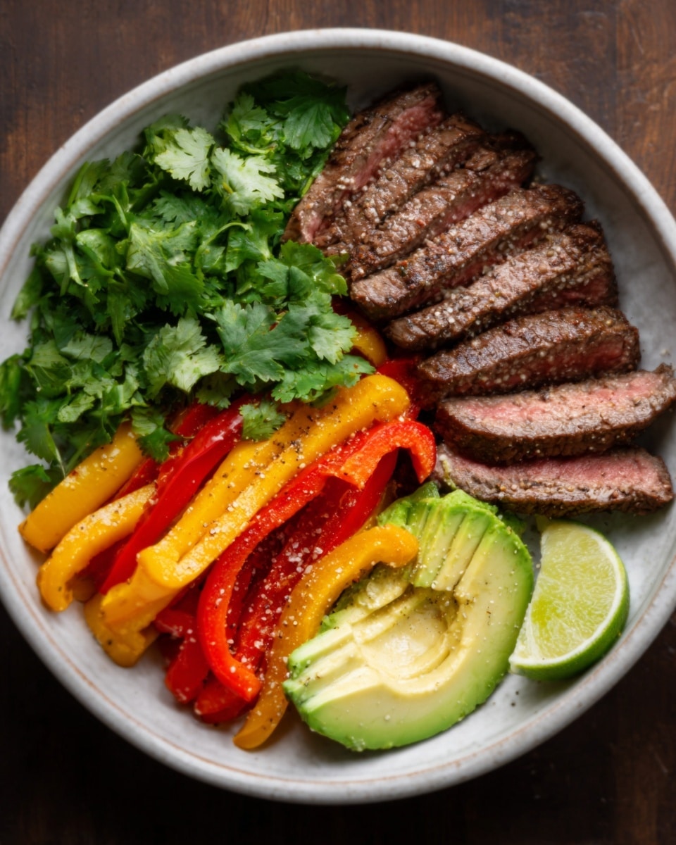 A white bowl filled with a colorful meal is placed on a white marbled surface. Inside the bowl, there are five slices of grilled beef, dark brown with a slightly charred texture, arranged on the left side over a bed of green cilantro leaves. Next to the beef, a bright yellow and red mix of sautéed bell pepper strips adds vibrant color. On the right side, there is a creamy, pale yellow half of an avocado with smooth texture, sitting on top of a light, fluffy serving of white couscous. A wedge of lime with bright green skin rests near the peppers. The food looks fresh and well arranged. Photo taken with an iphone --ar 4:5 --v 7