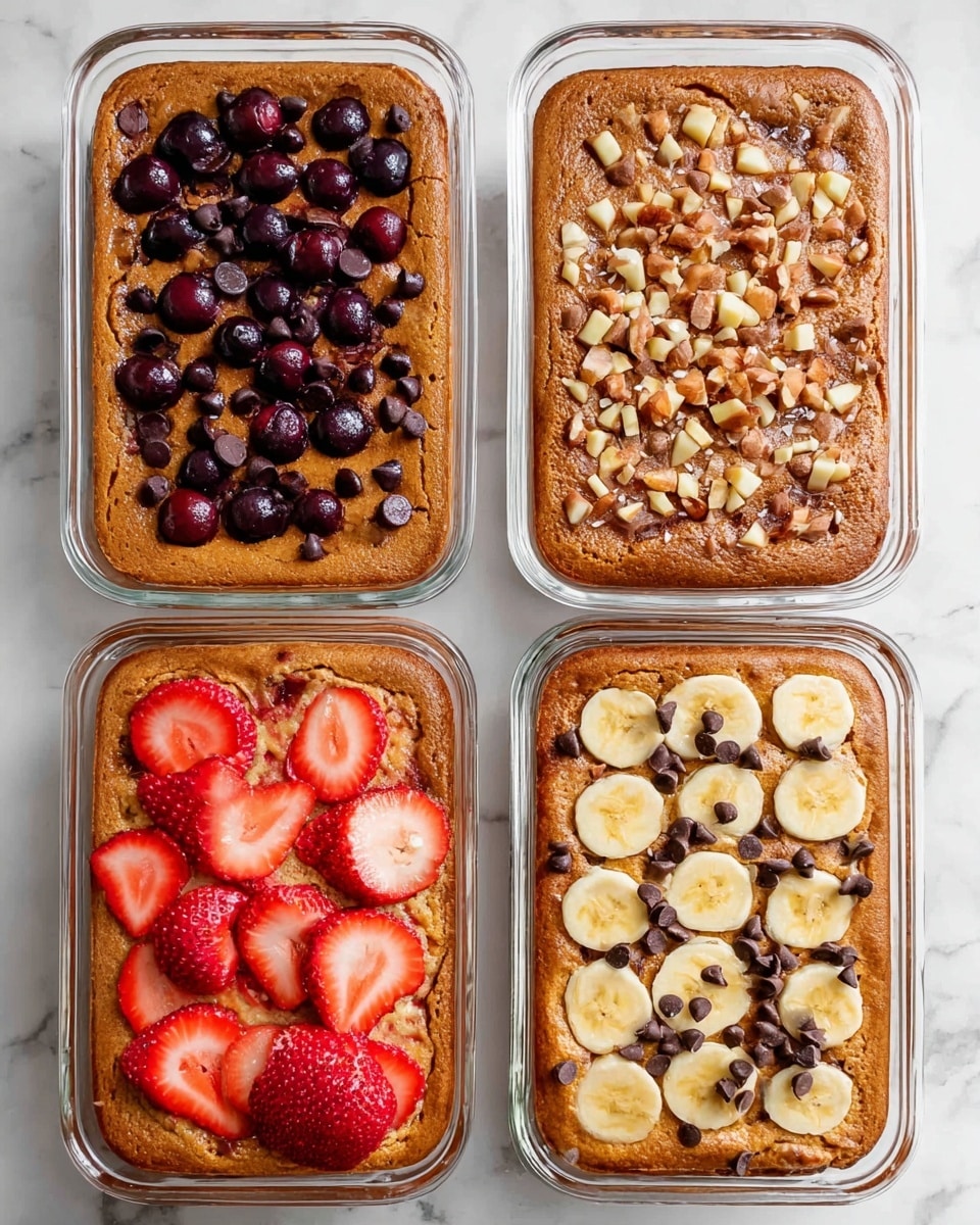 Four rectangular baked dishes sit side by side on a white marbled surface, each filled with a thick, light brown base that looks soft and fluffy. The top left dish has a single layer of dark purple cherries and dark brown chocolate chips scattered unevenly. The top right dish shows a light brown base topped with small cubes of red and yellow apples and sprinkled with tiny white seeds. The bottom left dish is decorated with sliced bright red strawberries and sprinkled with light-colored seeds. The bottom right dish features a layer of yellow banana slices with a circular pattern of dark brown chocolate chips spread across. Each dish has a clear glass rim visible, showing the thickness of the dessert inside. Photo taken with an iphone --ar 4:5 --v 7