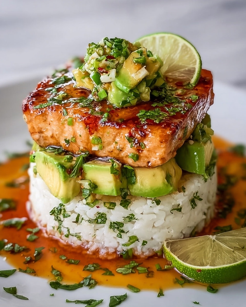 The dish shows three main layers on a white plate placed on a white marbled surface. The bottom layer is a round mound of white rice, sprinkled lightly with finely chopped green herbs. The middle layer consists of chunks of green avocado with a soft texture, placed directly on the rice. The top layer is a thick piece of glazed, caramelized meat with a shiny, brown surface, topped with more chopped avocado and herbs, and garnished with a small slice of lime. Around the base on the plate is an orange-brown sauce with herbs scattered on it. A lime wedge rests against the rice on the plate. Photo taken with an iphone --ar 4:5 --v 7