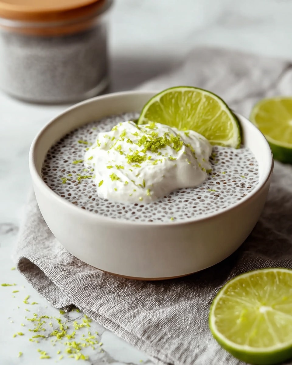 A white bowl sits on a light gray textured cloth over a white marbled surface, filled with a creamy chia seed pudding that has a speckled gray and white texture. On top, there is a dollop of smooth white cream and a single half slice of bright green lime leaning against it. The cream is sprinkled with small pieces of lime zest, adding a bright yellow-green contrast. Near the bowl, there is another half slice of lime resting directly on the white marbled surface. In the soft-focus background, another jar of chia pudding and a wooden lid are visible. Photo taken with an iphone --ar 4:5 --v 7