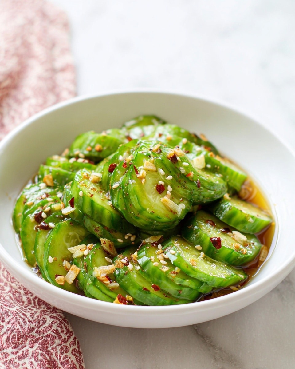A white bowl filled with bright green sliced cucumbers, each slice showing a fresh, slightly crinkled texture. The cucumbers are generously coated in a reddish-brown sauce with visible specks of chili flakes, white sesame seeds, and small bits of garlic or seasoning spread evenly over the top. The dish looks juicy and spicy, with sauce pooling around the bottom of the bowl. The bowl sits on a white marbled surface with a hint of a red and white cloth visible in the background. Photo taken with an iphone --ar 4:5 --v 7
