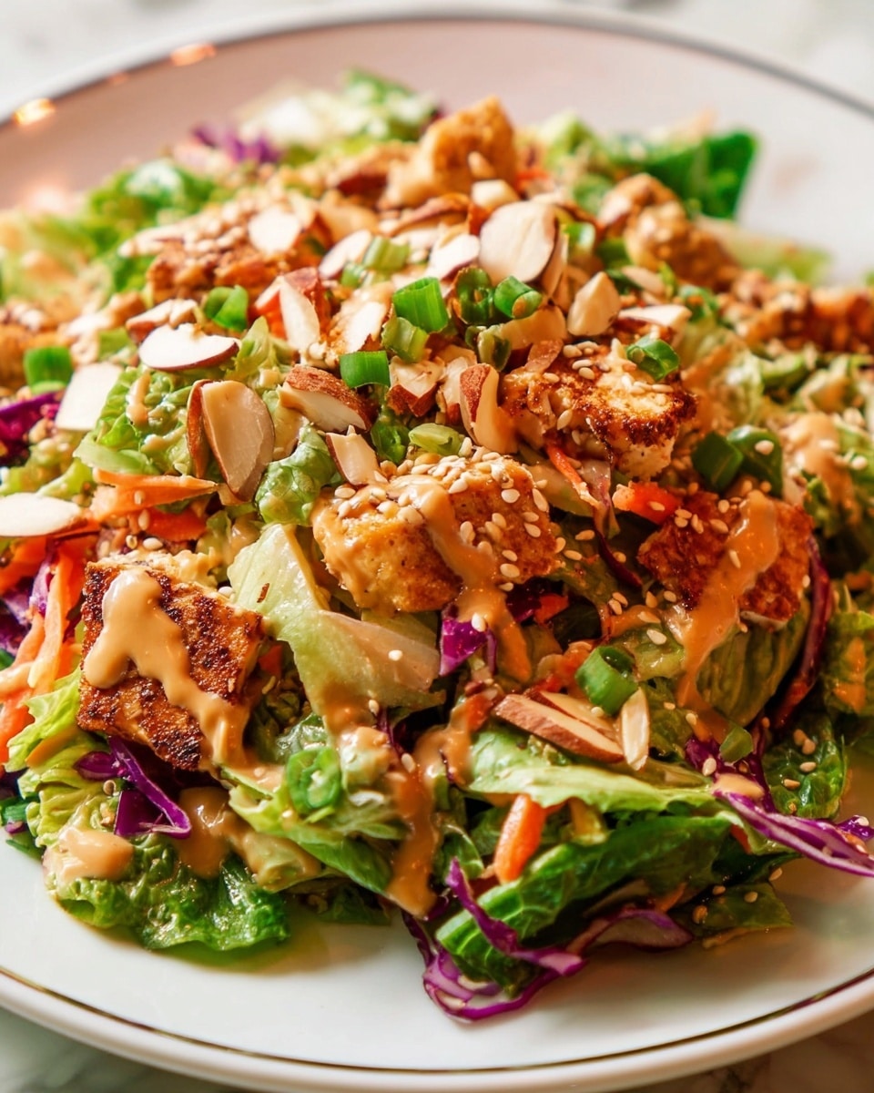 A close-up of a colorful salad served in a white plate with a thin black rim, filled with layers of chopped green lettuce leaves, thin strips of purple cabbage, and small orange shredded carrots. On top are thick pieces of grilled chicken with a light brown caramelized texture, bright green chopped scallions, and beige almond slices scattered throughout. The salad is drizzled with a creamy golden-brown dressing that adds shine and slight thickness, and sprinkled lightly with white sesame seeds. The background is a white marbled texture. photo taken with an iphone --ar 4:5 --v 7