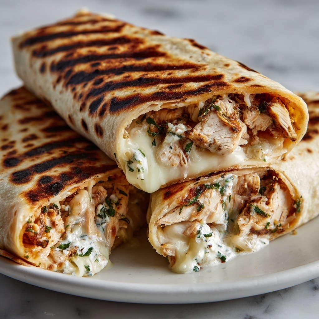 A close-up of two grilled tortillas rolled and filled with three main layers: a soft and slightly browned outer tortilla with grill marks, a middle layer of melted gooey white cheese dripping out, and an inner filling of golden-brown cooked chicken chunks mixed with green herbs. The wraps sit stacked on a white plate on a white marbled surface. photo taken with an iphone --ar 4:5 --v 7