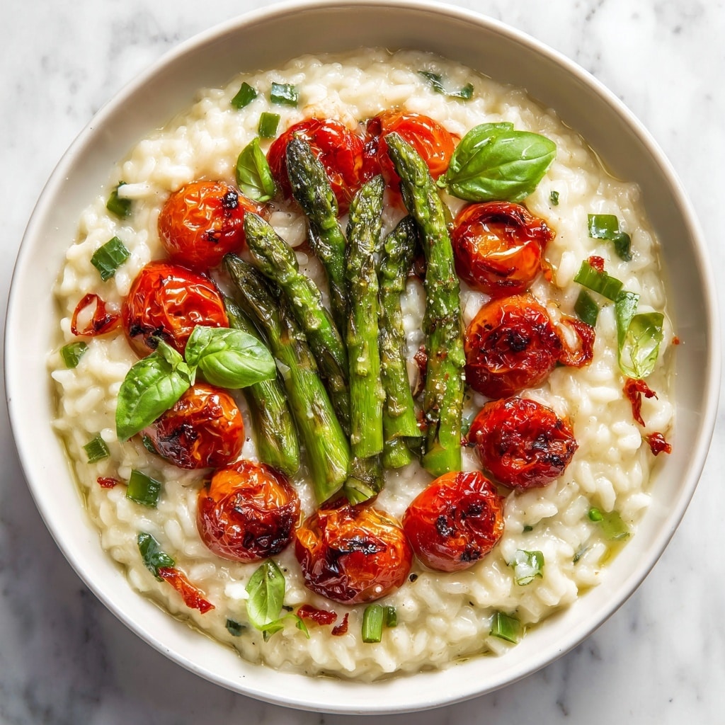 A close-up view of a creamy risotto dish served in a white bowl on a white marbled surface. The risotto has a soft, creamy texture with visible rice grains mixed evenly. On top, there are bright green asparagus pieces arranged in a circular pattern, along with whole roasted cherry tomatoes showing a slightly wrinkled, shiny red skin. Scattered fresh basil leaves add a pop of green, complementing the vegetables. The overall colors show creamy off-white rice, vibrant red tomatoes, and fresh green asparagus and basil. Photo taken with an iphone --ar 4:5 --v 7