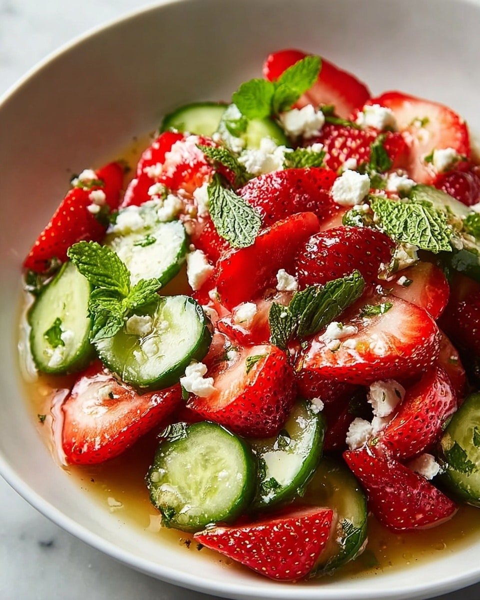 A white bowl filled with a vibrant salad showing three main layers: at the bottom, a glossy light brown dressing pools slightly, above that thick slices of bright green cucumber with visible seeds, and juicy red strawberry halves fill the bowl with a fresh and colorful look. Scattered on top are small white crumbles of cheese and chopped dark green mint leaves, adding contrast and texture. The bowl sits on a white marbled surface. photo taken with an iphone --ar 4:5 --v 7
