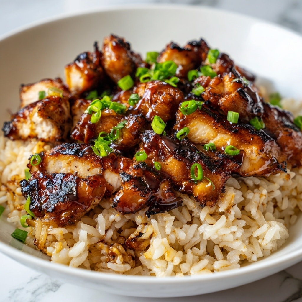 The image shows a close-up of a dish with a single thick layer of cooked rice at the bottom, which is light brown and looks soft with some small green garnishes sprinkled on top. On top of the rice, there is a thick layer of grilled chicken pieces that are coated in a shiny, dark brown glaze, showing a slightly charred texture that makes them look juicy and flavorful. The chicken pieces vary in size and cover the rice fully, with some green onion slices scattered over the top for color. The whole dish is on a white plate, set against a white marbled surface. Photo taken with an iphone --ar 4:5 --v 7