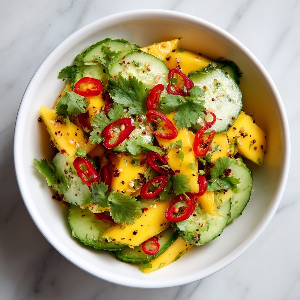 A fresh salad served in a white bowl, filled with chunky pieces of bright orange mango, thick slices of green cucumber, small red chili pieces, and fresh green herbs mixed evenly throughout. The mango looks ripe and juicy, while the cucumber has a crisp texture. The red chili adds a bright pop of color among the green and orange. The bowl sits on a white marbled surface, enhancing the vivid colors of the salad. Photo taken with an iphone --ar 4:5 --v 7