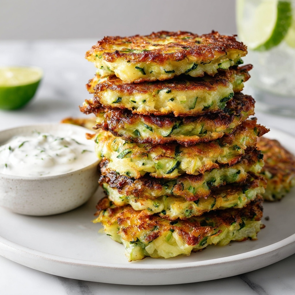 The image shows a close-up of a stack of four golden-brown fritters with a crispy outside and bits of green herbs and small vegetable pieces inside. The fritters are uneven and rustic in shape, giving a homemade feel. They sit on a white bowl, with a small white bowl of creamy, speckled dip on the side. The surface beneath the bowl is a white marbled texture. The lighting is soft and natural, making the fritters look fresh and appetizing. Photo taken with an iphone --ar 4:5 --v 7