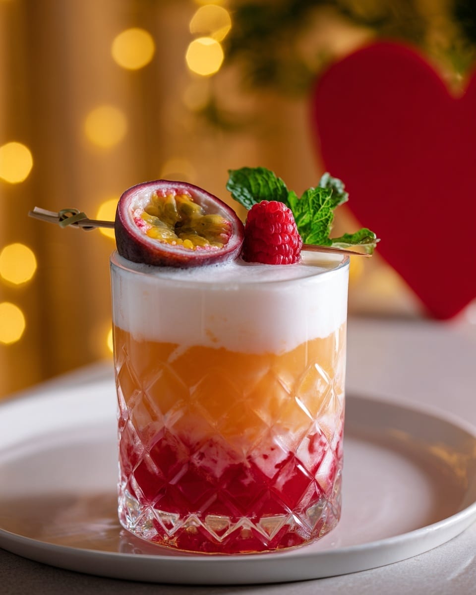 A clear glass with a diamond pattern holds a three-layered drink on a white plate. The bottom layer is bright red with a slightly cloudy texture, the middle layer is orange with a smoother look, and the top layer is a thick, creamy white foam. On top, a skewer rests horizontally holding half a passion fruit with a yellow, pulpy inside, two fresh red raspberries, and a small sprig of green mint leaves sticking up behind the fruit. The background is warm with soft golden lights and a red heart-shaped decoration blurred out. The photo is taken with an iphone --ar 4:5 --v 7