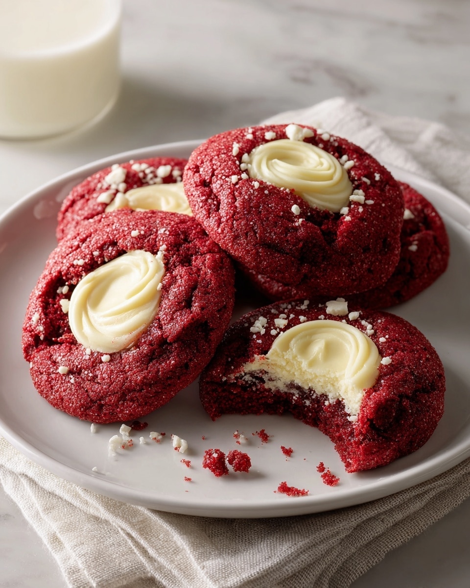 A white plate holds four thick red cookies, each topped with a creamy white layer of frosting in the center, slightly melted into the cookie. The cookies have a soft, textured look with a few small white sprinkles scattered on top. One cookie is broken in half, showing a soft, moist inside and the creamy frosting layer in the middle. The plate sits on a white marbled surface with a glass of milk blurred softly in the background. photo taken with an iphone --ar 4:5 --v 7