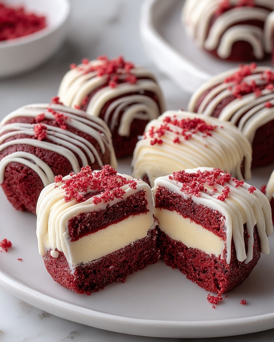 The image shows small round cake bites arranged on a white plate with a white marbled texture background. Each cake bite has three layers: a bottom and top layer of deep red sponge cake with a soft texture, and a middle layer of creamy white filling. The top of each bite is decorated with white icing drizzled in lines and sprinkled with tiny red crumbs, adding texture and color contrast. Two of the cake bites are cut in half, showing the smooth middle cream layer between the red cake layers clearly. Photo taken with an iphone --ar 4:5 --v 7