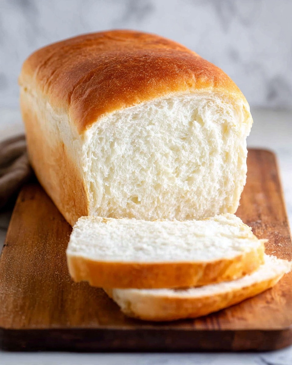 A loaf of white bread is shown on a wooden cutting board with a white marbled surface in the background. The bread has a golden-brown top crust with a smooth texture, and the inside is soft and white with a slight swirl pattern. Three slices are cut and laid in front of the main loaf, showing even thickness and a spongy texture. The focus is on the fresh and airy look of the bread. Photo taken with an iphone --ar 4:5 --v 7