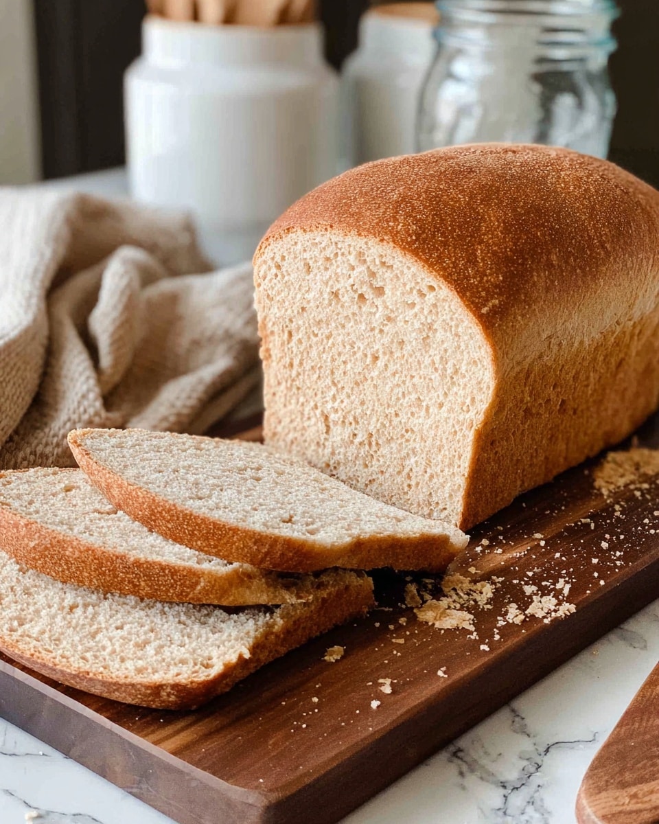 A loaf of light brown bread with a soft, textured inside and a firm, golden-brown crust sits partly sliced on a dark wooden cutting board. Four even slices are laid flat in front of the loaf, showing the soft, airy crumb inside, with bread crumbs scattered around. A beige cloth is casually placed in the background, along with blurred white containers and a white subway tile wall behind on a white marbled surface. Photo taken with an iphone --ar 4:5 --v 7