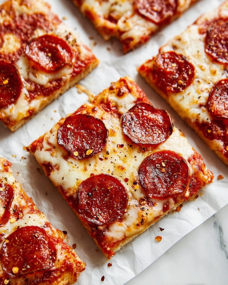 A close-up image of a square piece of pepperoni pizza resting on white parchment paper over a white marbled surface. The pizza has four visible layers: at the bottom, a golden-brown, slightly thick crust; above it, a layer of melted cheese with a creamy texture and slight browning; then a rich red tomato sauce peeking through in parts; and topped with shiny, slightly crispy pepperoni slices that have a reddish-brown color and some black pepper flakes sprinkled on top. Nearby, there are other similar square pizza pieces, all showing the same layered details and textures. photo taken with an iphone --ar 4:5 --v 7