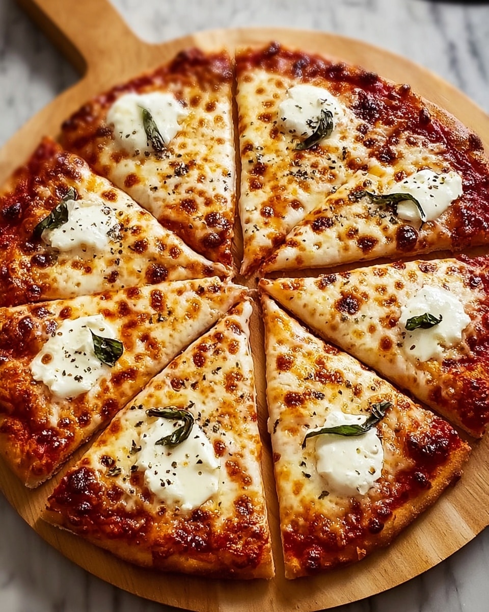 A round pizza cut into eight equal slices sits on a wooden board, showing a thin crust with slight charring around the edges. The pizza is topped with a bright red tomato sauce base, covered by a thick layer of melted, bubbly white cheese with golden brown spots. Dollops of soft white cheese are placed evenly across the surface, with sprinkled small green basil leaves and black specks of seasoning scattered on top. The pizza looks hot and fresh with a slightly crispy texture around the crust. photo taken with an iphone --ar 4:5 --v 7