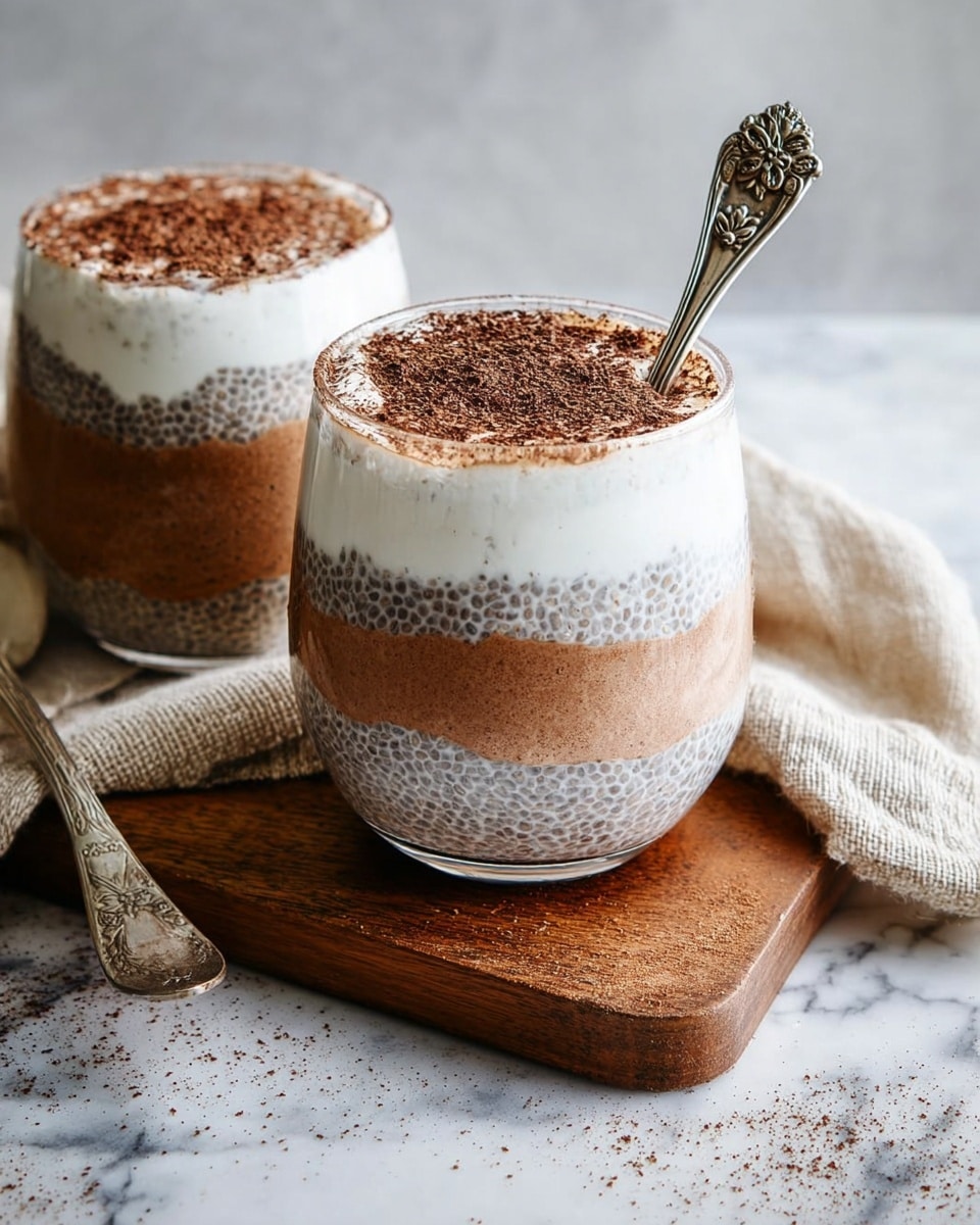 A clear glass cup with three distinct layers sits on a wooden board; the bottom layer is thick and dark brown with a smooth texture, the middle layer is lighter brown with visible tiny chia seeds giving it a speckled look, and the top layer is a thick white cream dusted evenly with fine dark cocoa powder. Inside the cup, a small metal spoon with a decorative flower pattern handle is placed. In the background, a second similar cup is slightly out of focus, next to a soft textured grey cloth on a white marbled surface. Photo taken with an iphone --ar 4:5 --v 7