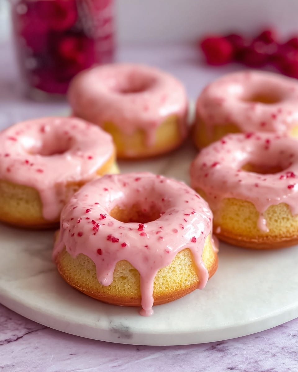 Five soft, light yellow donuts are arranged on a round white plate placed on a white marbled surface. Each donut has one thick layer of smooth, shiny pink icing with small red specks covering the top and slightly dripping down the sides. The texture of the icing looks creamy and glossy, with the small red bits giving a slightly bumpy look. The donuts have a fluffy and airy texture visible on the sides. In the background, there is a blurred container with more red pieces. photo taken with an iphone --ar 4:5 --v 7