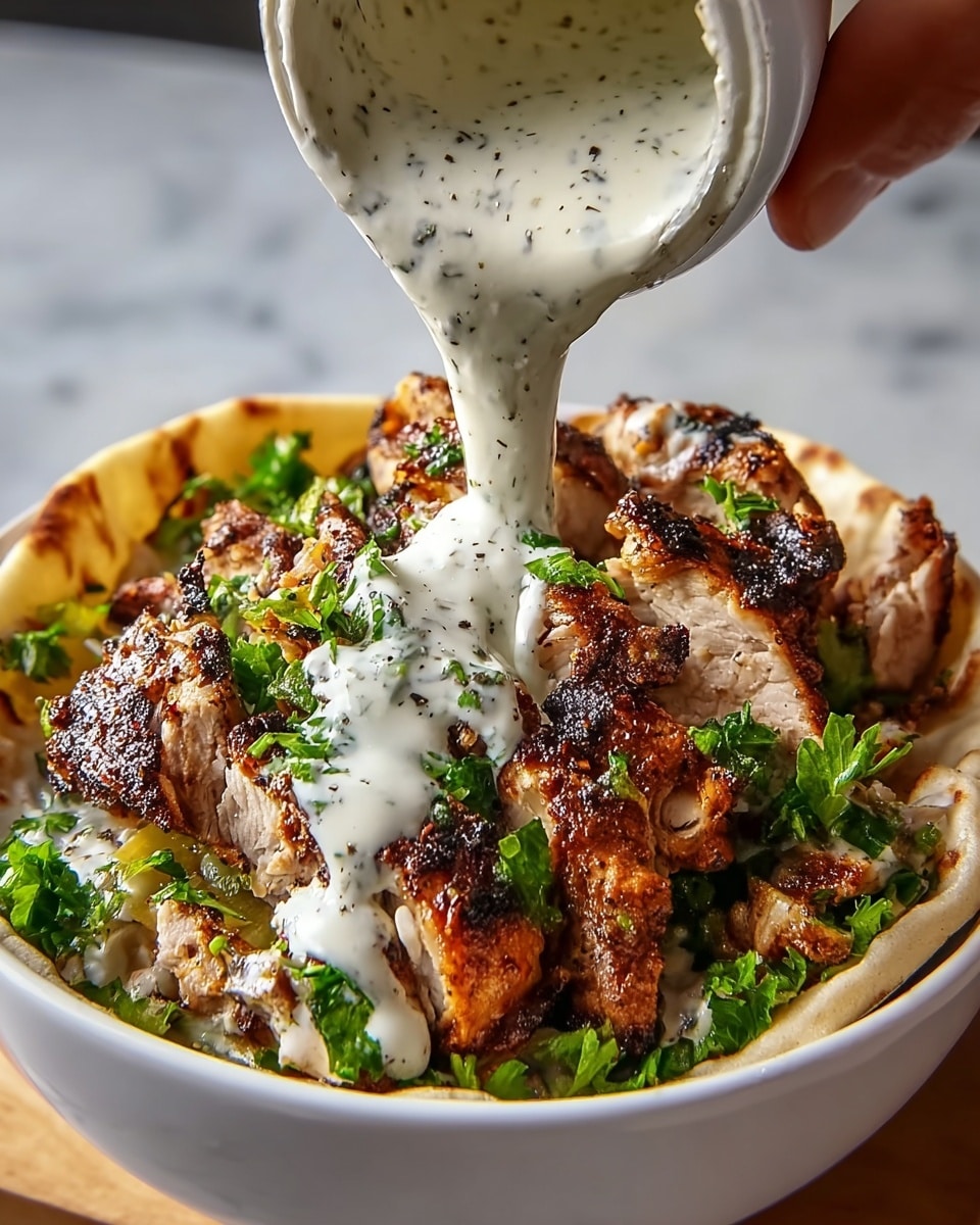 A white bowl holds several layers of food starting with a base of warm, light brown flatbread folded around crispy grilled chicken pieces that are golden brown with slightly blackened, charred edges. The chicken is cut into thick strips and is topped with fresh, bright green chopped herbs sprinkled evenly throughout. A creamy, pale white sauce flecked with black herbs is being poured from above by a woman's hand, flowing thickly over the chicken and herbs. In the background, a blurred lemon wedge adds a soft splash of yellow. The entire scene is set on a white marbled surface. photo taken with an iphone --ar 4:5 --v 7