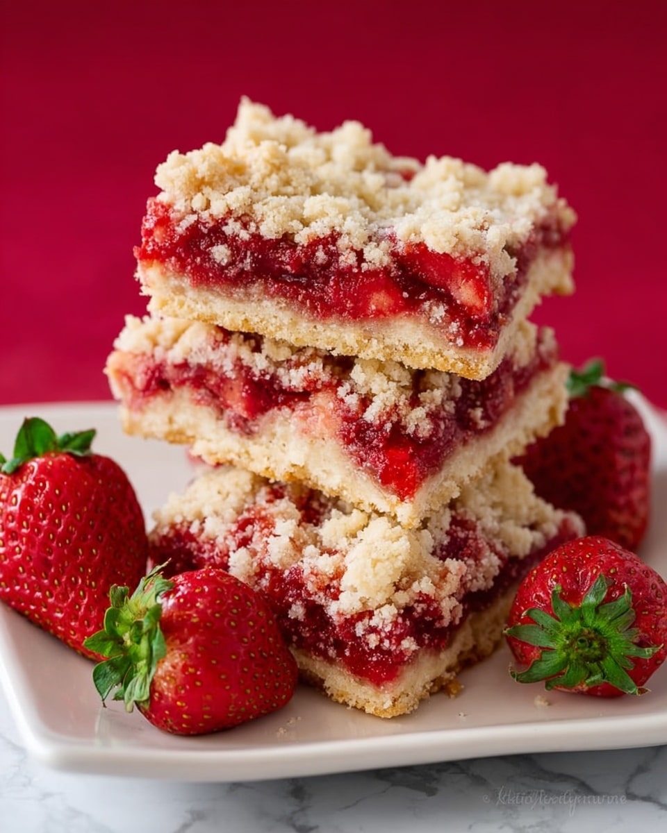 A stack of three square strawberry crumb bars is shown on a white plate, each bar featuring three layers: a light crumbly top layer with a sandy texture, a bright red, juicy strawberry jam middle layer, and a dense pale bottom layer. The bars are slightly uneven at the edges with some crumbs falling around them. Two fresh whole strawberries with green caps are placed on either side of the stack. The surface beneath the plate is a white marbled texture, and the background is red. Photo taken with an iphone --ar 4:5 --v 7