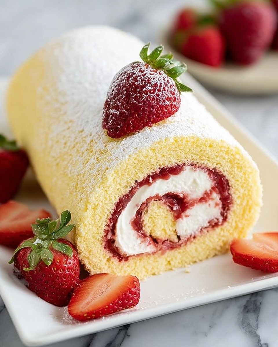 A white plate holds a rolled sponge cake with a light yellow outer layer dusted with powdered sugar, revealing two visible inner layers: a white cream layer and a red strawberry jam layer in a spiral pattern. The rolled cake is garnished on top with a whole sliced strawberry, fanned out with its green leaves still attached. Around the cake, there are whole and halved strawberries scattered, adding rich red and green color. The surface beneath the plate is a white marbled texture. Photo taken with an iphone --ar 4:5 --v 7