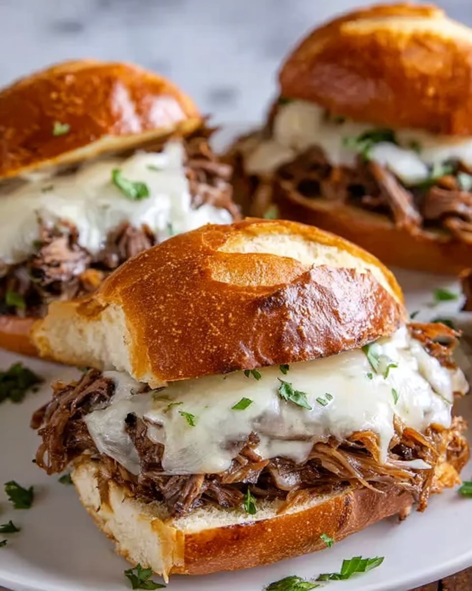 The image shows several sandwiches on a white marbled surface, each made with a toasted golden-brown bun sliced open horizontally. Inside each bun is a thick, juicy layer of shredded brown meat topped with melted white cheese that slightly oozes and stretches over the meat. Fresh green parsley pieces are sprinkled on top of the cheese and around the sandwiches, adding a pop of color. The sandwiches are arranged close together, filling the frame and giving a cozy, hearty feel. Photo taken with an iphone --ar 4:5 --v 7
