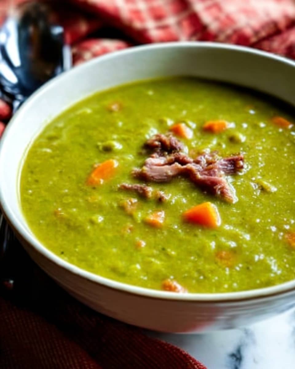 A close-up view of a thick green soup served in a white bowl. The soup has visible pieces of orange carrot and small chunks of brown meat scattered on top. The texture looks smooth with some small bits throughout, giving a hearty and fresh appearance. The bowl sits on a white marbled surface with a red and white checkered cloth in the background. Photo taken with an iphone --ar 4:5 --v 7