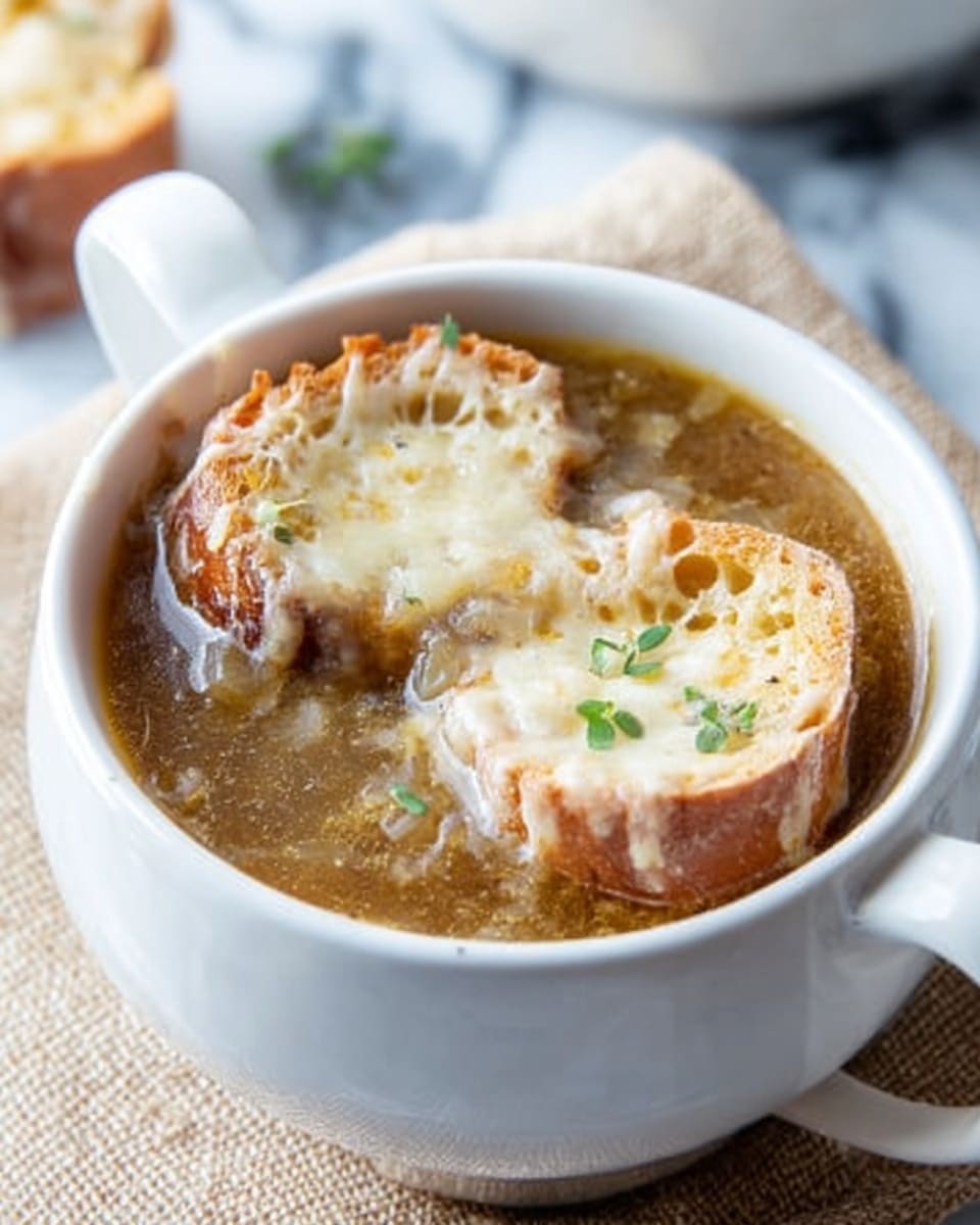 A white cup filled with clear brown onion soup, showing small pieces of cooked onion inside. Two pieces of toasted bread with melted light yellow cheese sit on top, slightly soaked by the soup. Small green herb leaves are scattered on the cheese, adding a fresh touch. The cup is placed on a white marbled surface with a textured light cloth underneath. In the background, there is another white cup blurred out. Photo taken with an iphone --ar 4:5 --v 7