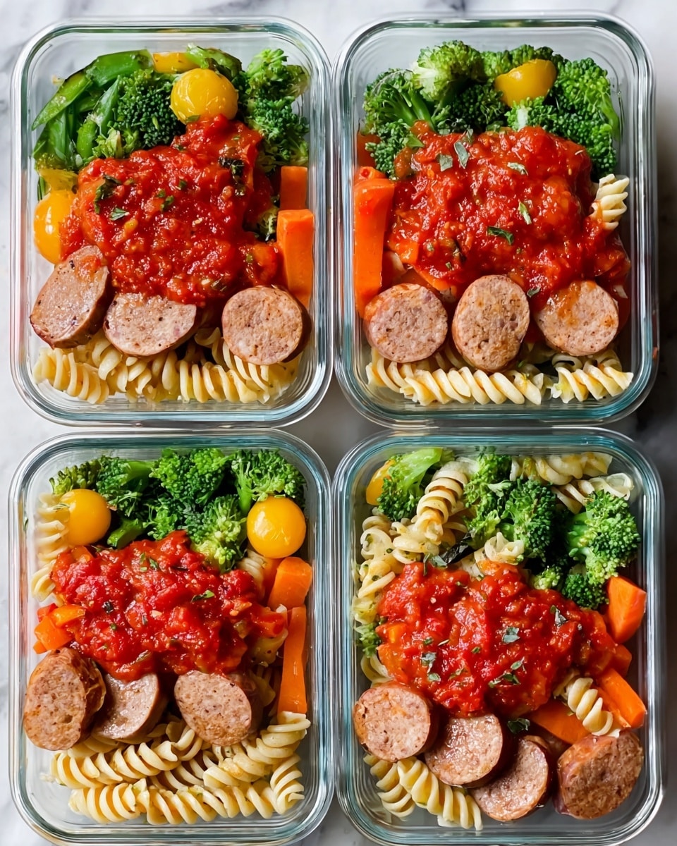 The image shows four clear rectangular containers filled with a colorful meal, arranged in a 2x2 grid on a white marbled surface. Each container has three main layers: the bottom layer consists of green broccoli and a few small pieces of yellow and orange bell peppers, the middle layer features light beige spiral pasta, and the top layer contains slices of browned sausage arranged in a neat row. A spoonful of bright red tomato sauce with visible herbs is centered on the pasta, adding a pop of color and texture. The overall look is fresh, organized, and vibrant. Photo taken with an iphone --ar 4:5 --v 7
