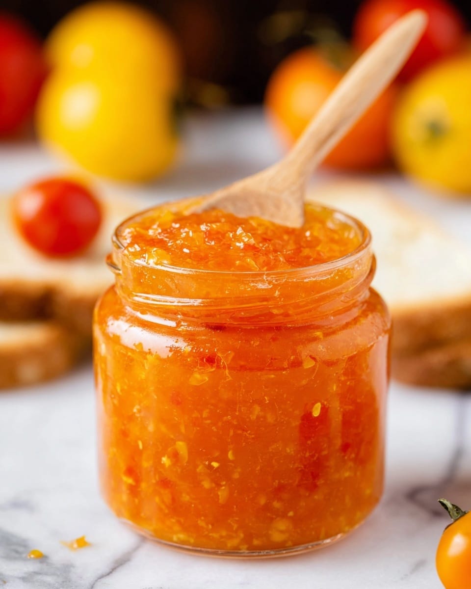 A close-up of a small glass jar filled with bright orange chunky apricot jam, showing a thick, textured spread inside. A wooden spoon is dipped into the jam from the top right, partially submerged. The jar sits on a white marbled surface, with slices of bread and blurred colorful fruits (yellow, red, and orange) softly out of focus in the background. The jam looks fresh and vibrant, with visible pieces of fruit creating a slightly uneven surface. Photo taken with an iphone --ar 4:5 --v 7
