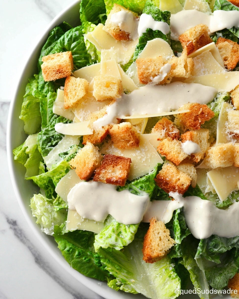 A close-up view of a white bowl filled with a Caesar salad showing four main layers: at the bottom are large, bright green romaine lettuce leaves with a fresh, crisp texture; next, there are creamy, off-white Caesar dressing drops unevenly spread over the lettuce; on top of this are golden-brown, crunchy croutons scattered across the bowl; and finally, on the very surface are thin, pale yellow slices of Parmesan cheese arranged around the bowl, all sitting on a white marbled surface. photo taken with an iphone --ar 4:5 --v 7