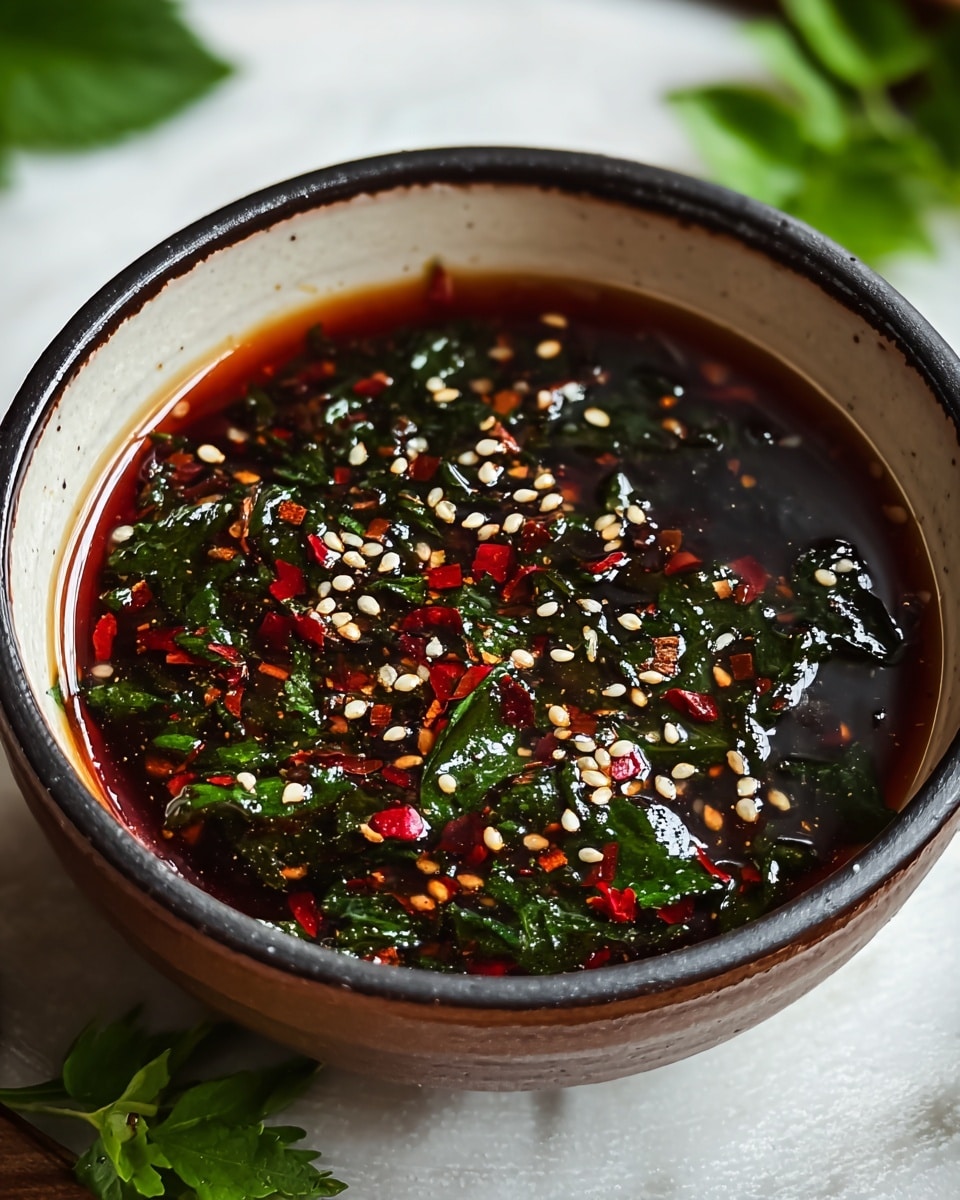 A close-up of a small bowl filled with thick dark red sauce that has a glossy texture, scattered with white sesame seeds and small bits of bright green herbs and red chili flakes floating on top. The bowl is white inside with a subtle light brown rim and the outside is dark gray. The bowl sits on a white marbled surface with some green leaves blurred in the background. photo taken with an iphone --ar 4:5 --v 7