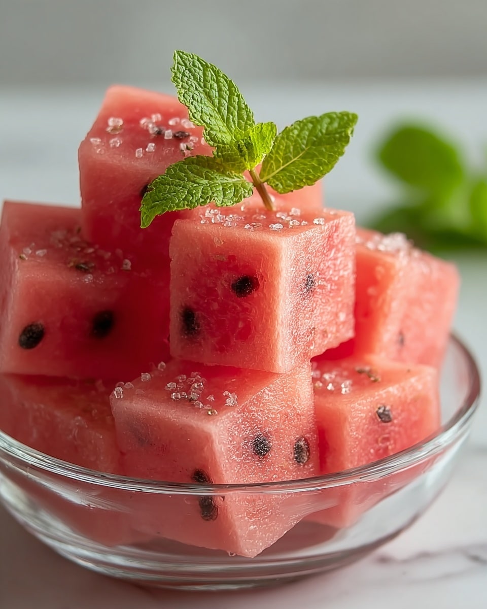 The image shows cubes of bright pink watermelon stacked inside a clear glass bowl, each cube dotted with small black watermelon seeds and sprinkled with grains of sea salt. On top of the pile, there is a small bunch of fresh green mint leaves adding a pop of color and texture. The watermelon cubes have a smooth, moist surface with slightly frozen or frosty edges, sitting against a clean white marbled texture background. photo taken with an iphone --ar 4:5 --v 7