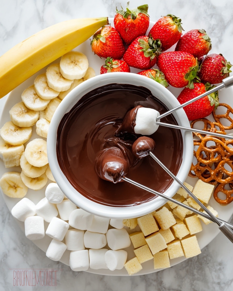 A white bowl in the center holds smooth, melted dark chocolate with two metal fondue forks dipping a marshmallow covered in chocolate. Around the bowl, there are several white marshmallows, light yellow sponge cake pieces, reddish-orange pretzels, bright red strawberries with green tops, banana slices showing a pale cream color with brown small spots, and a whole yellow banana with a few brown marks on its skin. All items are arranged neatly on a white marbled surface. photo taken with an iphone --ar 4:5 --v 7