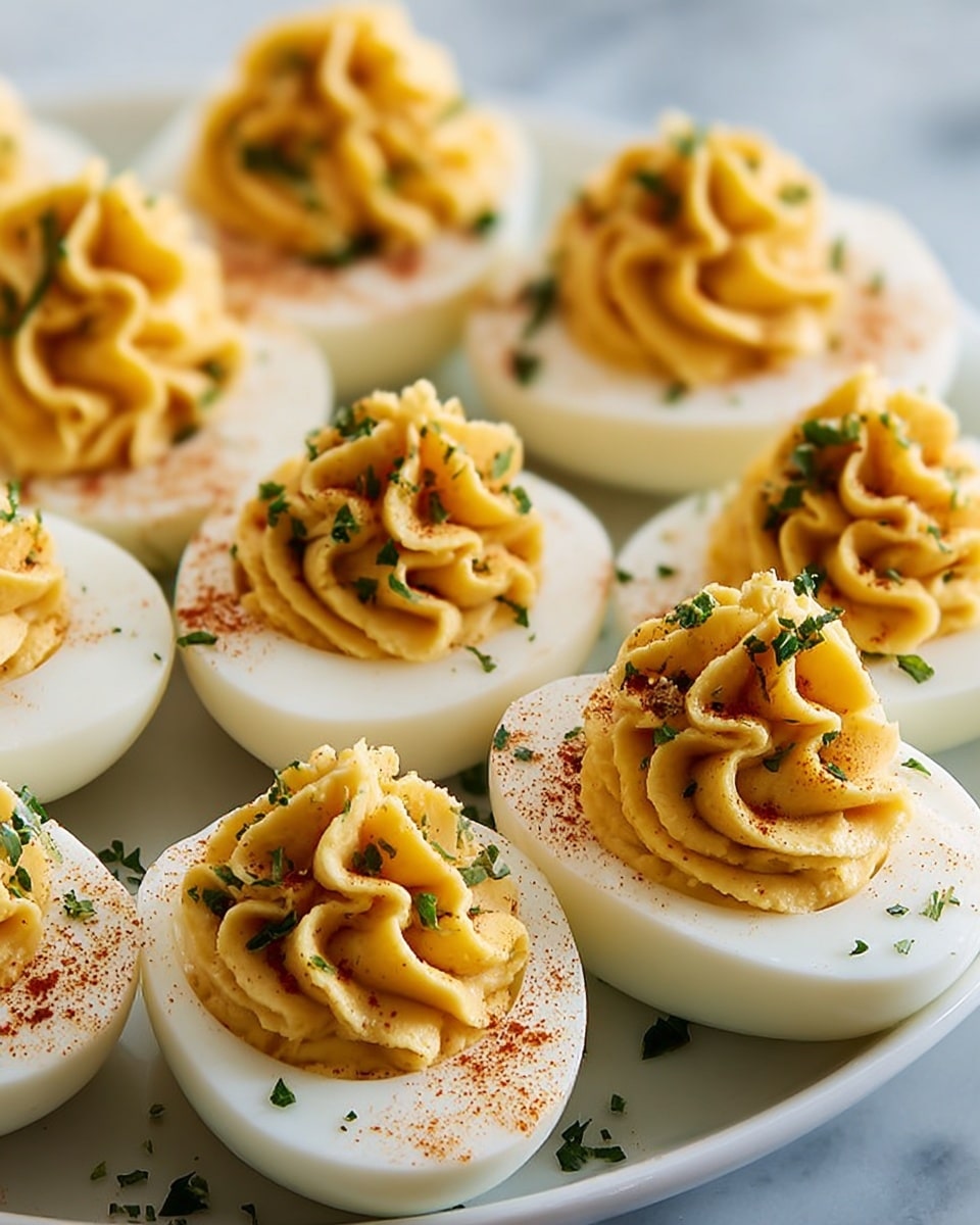 The image shows several deviled eggs arranged on a white plate over a white marbled surface. Each deviled egg is halved horizontally, revealing a smooth, white egg white base layer. Sitting on top is a thick creamy yellow filling, piped in a decorative star shape with seven ridges, giving it a textured look. The filling is sprinkled with fine red paprika and chopped green herbs, adding small specks of color for contrast. The eggs fill most of the frame, showing a close-up view with soft lighting. photo taken with an iphone --ar 4:5 --v 7