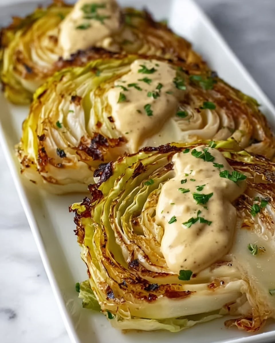 The image shows several wedge-shaped pieces of roasted cabbage arranged in a row on a white plate, each wedge with visible layers of light green and golden-brown charred edges. On top of the cabbage wedges, there is a creamy beige sauce drizzled unevenly, garnished with small green parsley pieces adding a fresh touch. The cabbage leaves have a soft texture with slight crispiness from roasting. The plate rests on a white marbled surface, enhancing the overall warm and fresh look of the dish. photo taken with an iphone --ar 4:5 --v 7