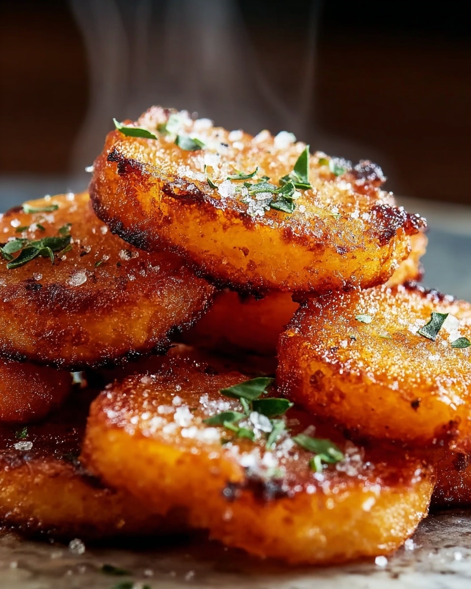 The image shows a close-up of several small, round, golden-brown fried pieces stacked closely together. Each piece has a crispy, slightly rough texture with some darker, almost burnt spots, showing it is well-fried. The top of the pieces is sprinkled with coarse white salt and small green herb leaves, adding a fresh color contrast. Steam rises gently from the warm dish, enhancing its freshly cooked appeal. The background is softly blurred to keep focus on the crunchy food, sitting on a white marbled texture. photo taken with an iphone --ar 4:5 --v 7